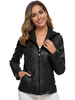 Veste de Moto en Cuir Synthétique Courte Femme à Capuche avec Manches Longues à Zip avec Poches Unicolore Veste Femme
