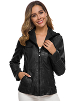 Veste de Moto en Cuir Synthétique Courte Femme à Capuche avec Manches Longues à Zip avec Poches Unicolore Veste Femme