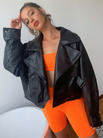 Veste de Moto en Cuir Synthétique Femme Décontracté à Col Revers avec Manches Longues Unicolore