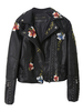 Veste de Moto Femme Courte en Cuir Synthétique Broderies Florales à Col Revers avec Manches Longues à Zip Décors avec Cloutés Veste Manteau de Moto