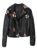 Veste de Moto Femme Courte en Cuir Synthétique Broderies Florales à Col Revers avec Manches Longues à Zip Décors avec Cloutés Veste Manteau de Moto
