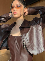 Veste de Moto Femme en Cuir Synthétique Taille Haute à Col Revers avec Manches Longues Unicolore Veste Femme