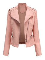 Veste de Moto Femmes Courtes en Cuir Synthétique à Col Revers avec Manches Longues à Zip avec Poches Unicolore