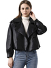 Veste de Moto Femmes Courtes en Cuir Synthétique à Col Revers avec Manches Longues à Zip avec Poches Unicolore