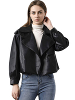 Veste de Moto Femmes Courtes en Cuir Synthétique à Col Revers avec Manches Longues à Zip avec Poches Unicolore