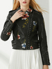 Veste de Moto Femmes Courtes en Cuir Synthétique Broderies Florales à Col Revers avec Manches Longues à Zip avec Poches Unicolore