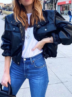 Veste de Moto Taille Haute Femme en Cuir Synthétique avec Manches Longues à Col Revers Unicolore