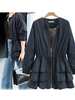 Veste en Coton Long Robe à Plisées Femme Ceinturé à Lacet Bleu Marin Unicolore Fermeture par Zips Veste Femme