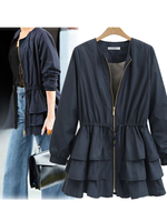 Veste en Coton Long Robe à Plisées Femme Ceinturé à Lacet Bleu Marin Unicolore Fermeture par Zips Veste Femme
