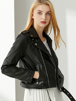 Veste en Cuir Courte Femme à Col Revers avec Manches Longues à Zip avec Poches Unicolore Veste Femme