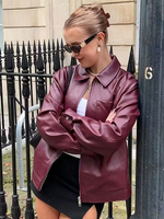 Veste en cuir PU à col rabattu et manches longues avec fermeture éclair pour femme