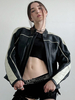 Veste en cuir PU noir avec rayures blanches col montant fermeture éclair vêtements dextérieur surdimensionnés pour femmes printemps 2025