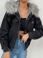 Veste en Denim à Capuche en Fausse Fourure Femme avec Manches Longues avec Boutons Unicolore