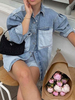Veste en Denim Court Femme avec Manches Longues à Col Revers avec Poches Bicolores Veste en Denim Chemisier Femme