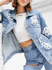 Veste en Denim Courte Femme à Col Revers avec Manches Longues Bicolores Veste Femme