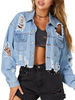 Veste en Denim Déchiré Femme Décontracté Femme à Col Revers avec Manches Longues avec Poches Unicolore