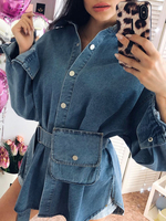 Veste en Denim Femme Courte à Col Revers avec Manches Longues Coupe Cintrée avec Ceinture et Poche Fermeture avec Bouton-pression Unicolore