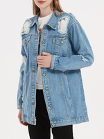 Veste en Denim Femme Déchirée Courte à Col Revers avec Manches Longues avec Poches Bicolores Veste Femme