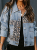 Veste en Denim Femme Imprimé Léopard à Col Revers avec Manches Longues avec Poches Bicolores