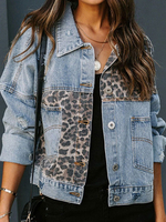 Veste en Denim Femme Imprimé Léopard à Col Revers avec Manches Longues avec Poches Bicolores