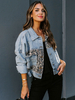 Veste en Denim Femmes à Col Revers avec Manches Longues Taille Haute Imprimé Léopard Bicolores Fermeture avec Boutons