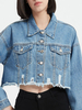 Veste en Jean Taille Haute Femme à Col Revers avec Manches Longues avec Poches Unicolore