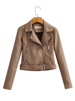 Veste en Moto Courte en Cuir Synthétique Femme à Col Revers avec Manches Longues à Zip avec Poches Unicolore