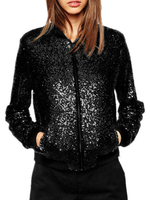 Veste en Paillettes Courte Femme à Col Montant avec Manches Longues à Zip avec Poches Unicolore