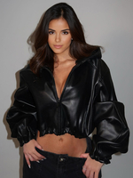 Veste en similicuir avec capuche et cordon de serrage taille haute vêtement dextérieur décontracté en PU pour femme printemps 2025