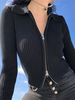 Veste en tricot noir Cardigan zippé à manches longues avec col rabattu Maille raccourcie