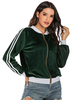 Veste en Velours à Col Montant Femme Vert Foncé avec Les Rayures Blanc avec Les Manches Longs Bimatière Fermeture par Zips Veste Femme