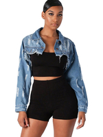 Veste Femme à Col Revers en Denim avec Manches Longues Taille Haute Déchiré Courte Veste Femme