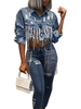 Veste Femme Col Rabattu Manches Longues Détails Métalliques Denim