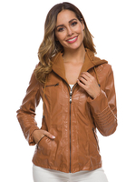Veste Femme en Cuir Synthétique à Capuche avec Manches Longues à Zip Unicolore