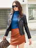 Veste Femme en Cuir Synthétique avec Manches Longues à Col Revers à Zip Unicolore