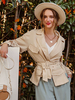 Veste Femmes Blazer à Col Revers avec Manches Longues Amples Ceinturé Bas Evasée Unicolore