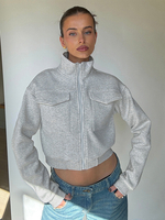 Veste grise pour femme col montant manches longues fermeture éclair vêtements dextérieur pour printemps 2025