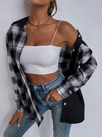 Veste Imprimé Carreaux Blouse Femme à Col Revers avec Manches Longues avec Boutons Bicolores Veste Femme
