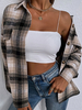 Veste Imprimé Carreaux Femme Courte avec Manches Longues à Col Revers Bicolores Blouse Veste Femme