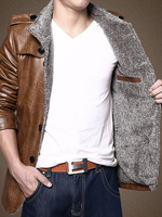 Veste Manteau en Cuir Hommes Courtes avec Col Revers avec Manches Longues Cousu Fousse Fourrure Fermeture avec Boutons Unicolore Veste Manteau Hiver
