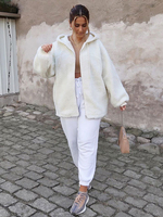 Veste Manteau Femmes à Capuches Teddy en Fausse Fourrure Synthétique avec Manches Longues avec Zip Unicolore