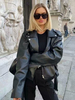 Veste Manteau Femmes à Cuir Synthétique Vernis à Col Revers avec Manches Longues Fermeture avec Zip et Boutons Unicolore
