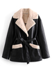 Veste Manteaux à Col Revers avec Manches Longues avec Poches Bicolores à Cuir Synthétique Cousu Fausse Fourrure