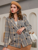 Vestes Blazers Femmes Courtes Imprimés les Carreaux à Col Revers avec Manches Longues Fermeture avec Boutonnages Bicolores