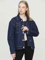 Vestes Femmes en Denim Courtes à Col Revers avec Manches Longues avec Poches Unicolore