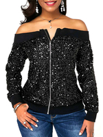 Vestes Femmes en Paillettes Courtes avec Epaules Dénudées avec Manches Longues à Zip Unicolore