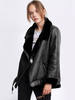 Vestes Manteau Moto Femmes à Cuir Synthétique Cousu Fausse Fourrure à Col Revers avec Manches Longues avec Poches Unicolore
