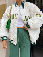 Vestes pour femmes Col montant Lettres Imprimer Bouton avant asymétrique Tuyauterie décontractée Street Wear Veste blanche