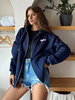 Vestes pour femmes Veste à capuche bicolore zippée Veste dintérieur décontractée bleu marine foncé pour femmes