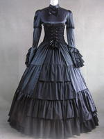 Victoria Robe Mascarade Renaissance médiévale Costume Rococo Marie Antoinette Vintage Robe volants en Satin Noir manches longues rétro robe Maxi femmes Déguisements Halloween